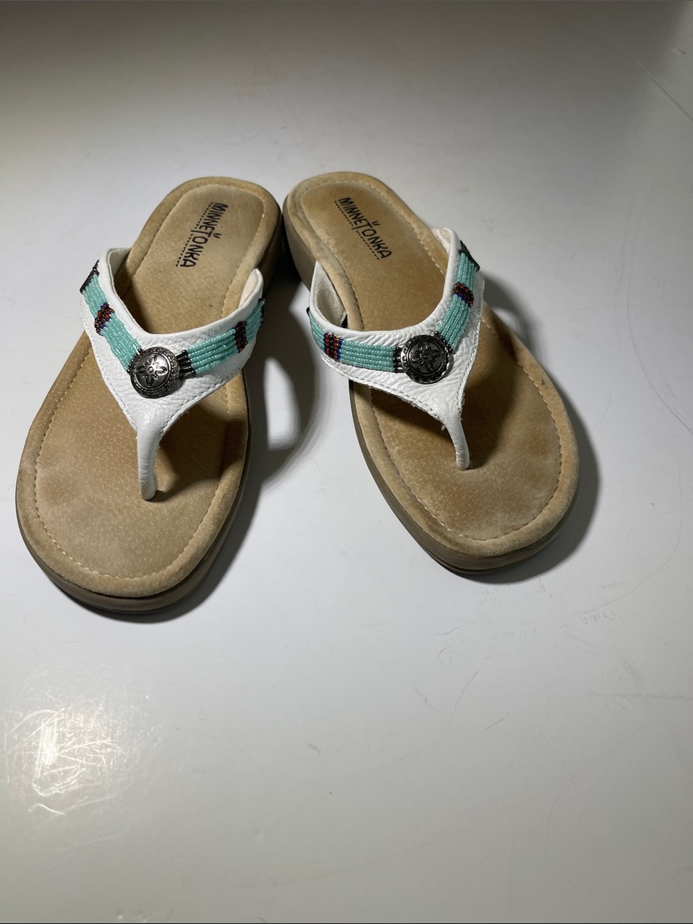 Minnetonka  White Leather and Beaded Thong Sandals